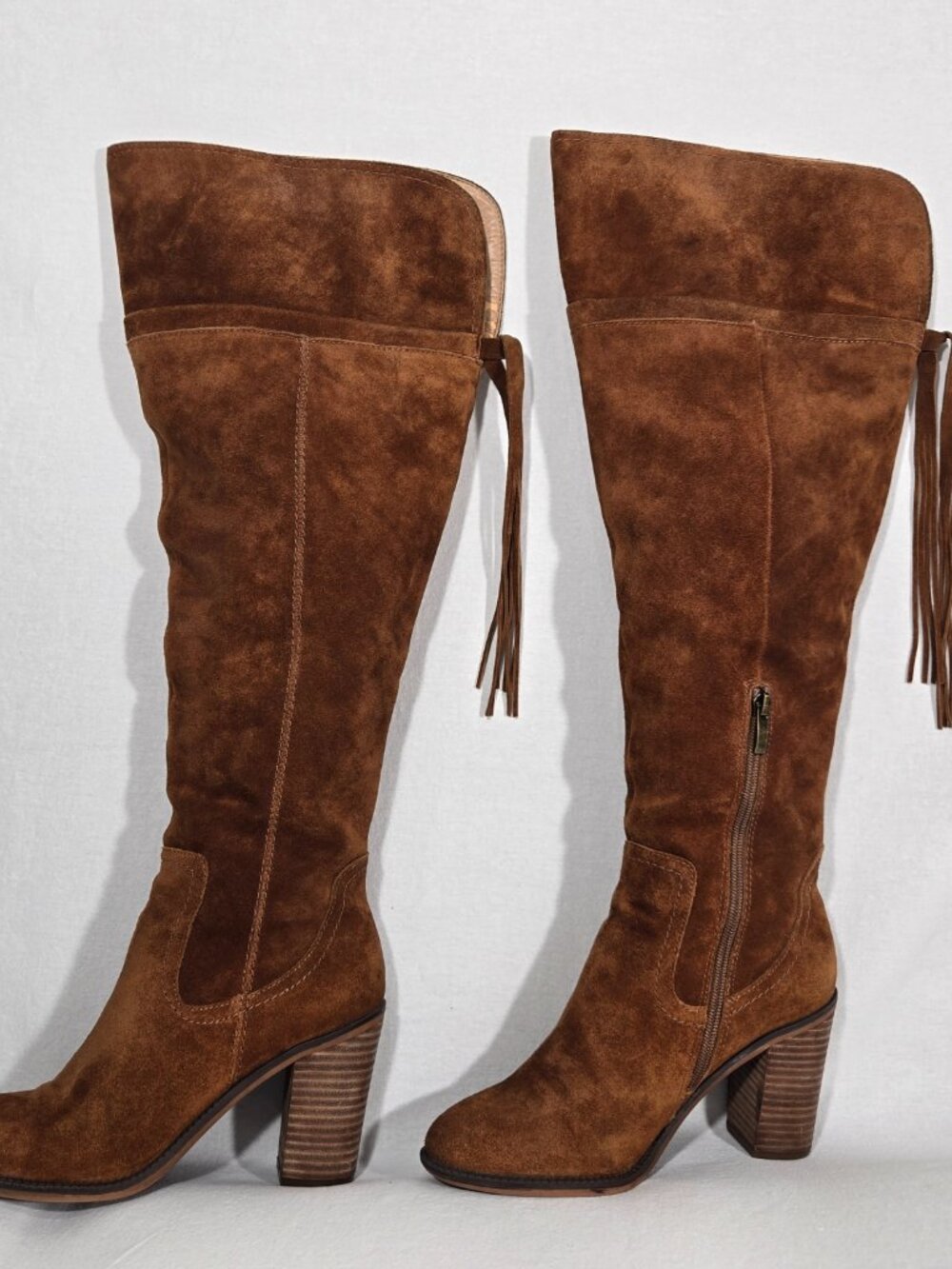 FRANCO SARTO Elnora BOHO Cognac Suede Over The Knee Fringe Boots Size 7.5M-WC. - Picture 3 of 16
